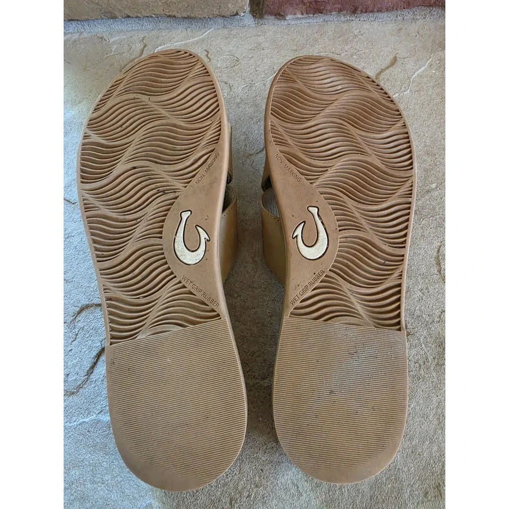 Olukai‎ La'i Slide Sandals Criss Cross Taupe Slides Slip Ons Women's US Size 9